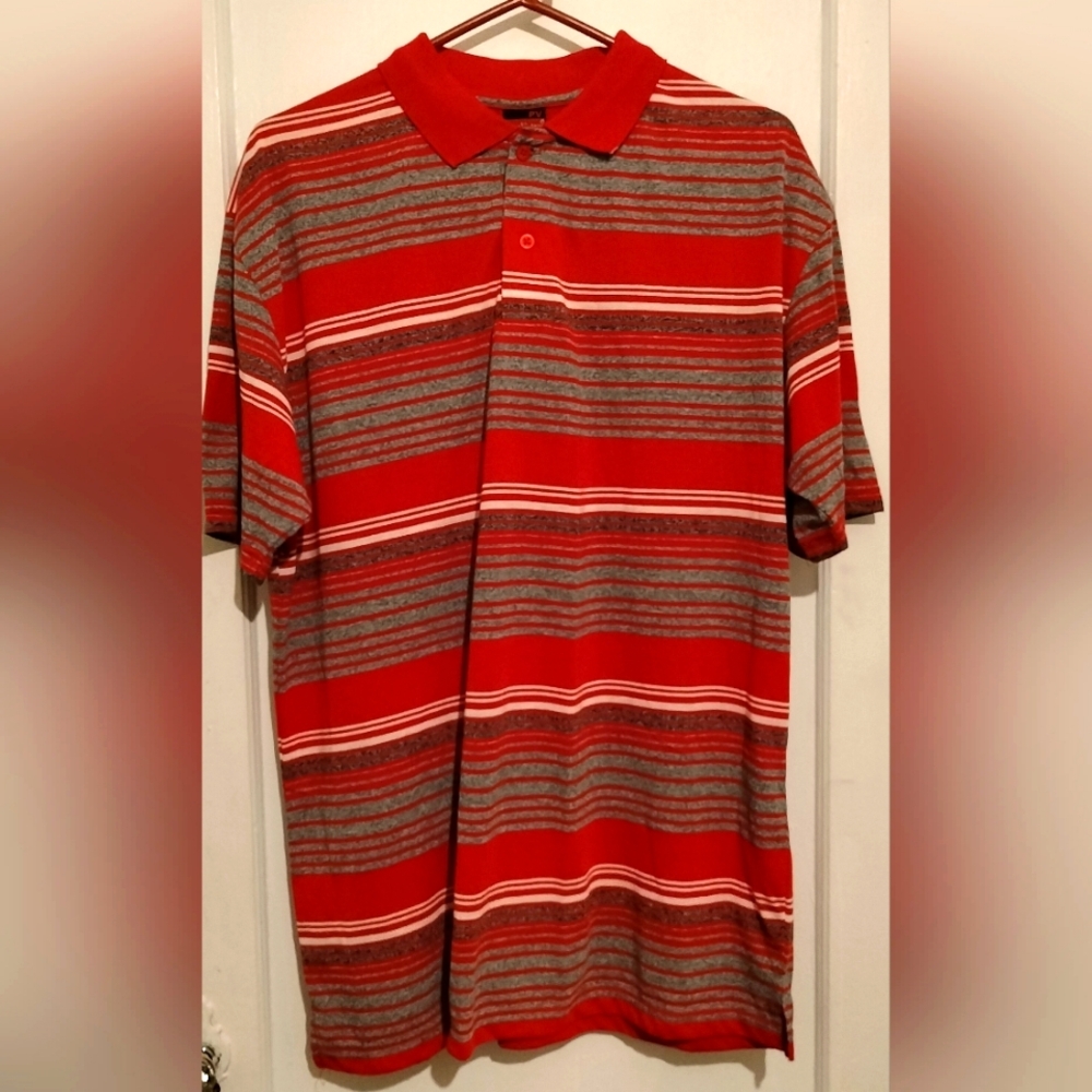 Red and Gray Striped Men's Polo Shirt XL